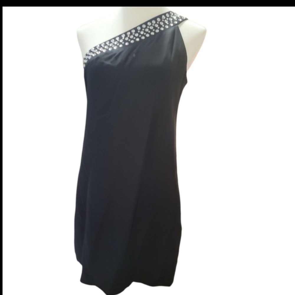 Anthropologie Corey Lynn Calter Black Silk One-Shoulder Rhinestone Mini Dress 6 - Picture 3 of 7